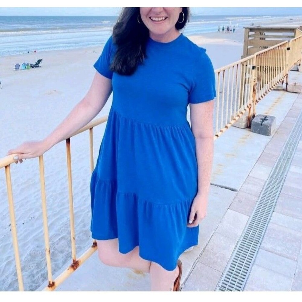 Gap Tiered Short Sleeve Crew Neck Babydoll Mini Dress Nautical Blue Women's XXL
